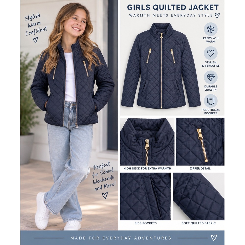 SO Girls Quilted Jacket Navy Blue Diamond Padded Full Zip Coat Preppy Size 7/8
